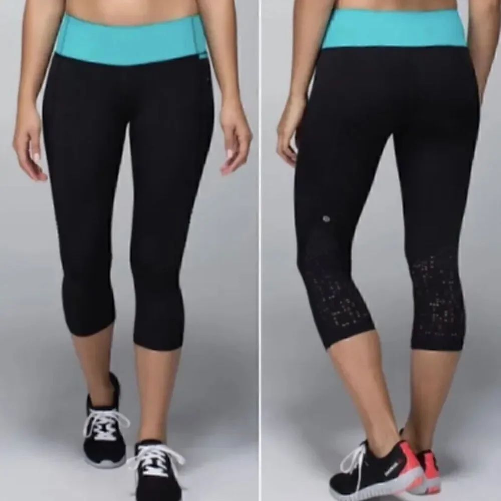 Lululemon Water Bound Crop Black and Teal, Size 8 Excellent pre worn condition
